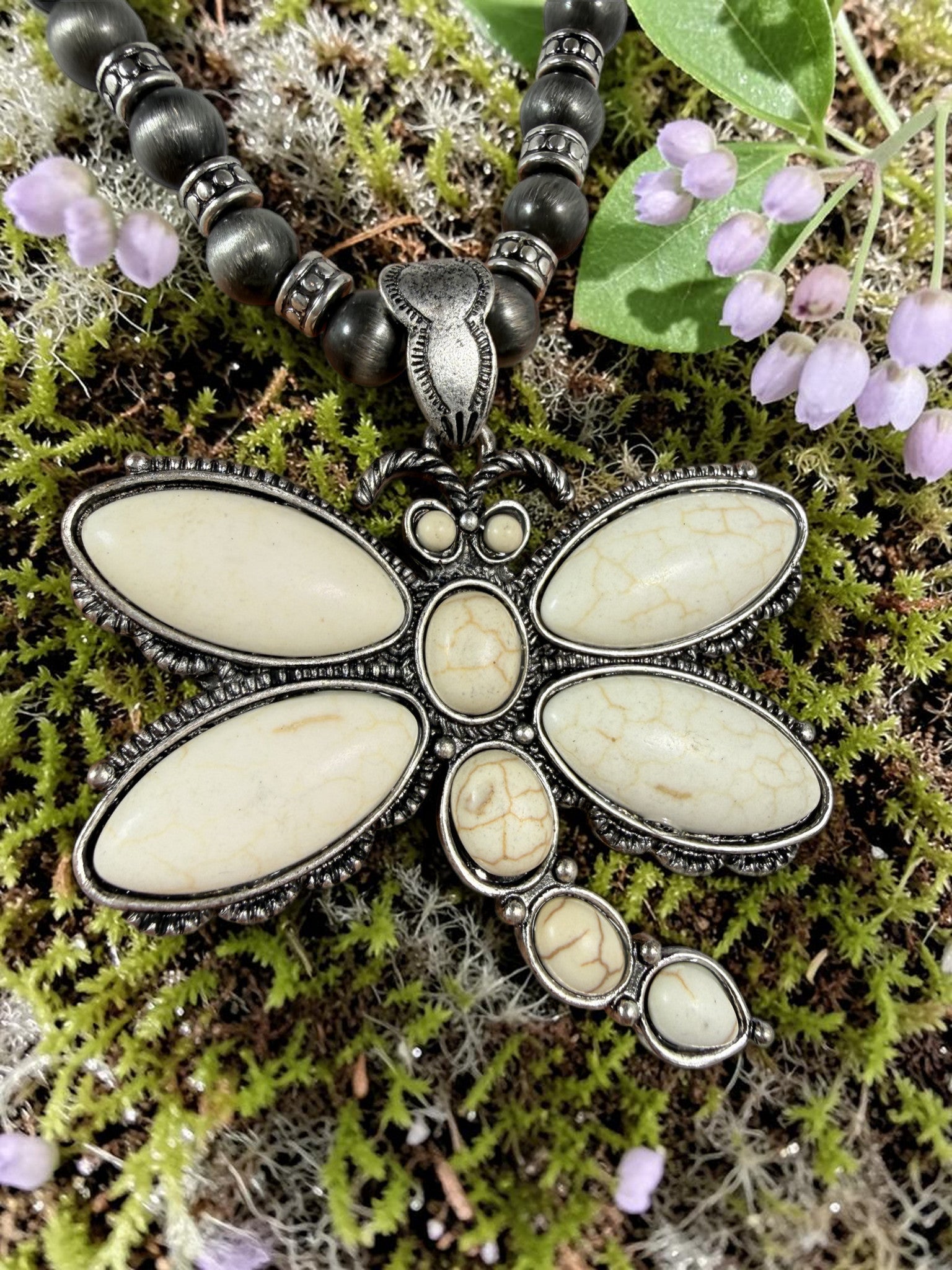 Dragonfly Necklace Earring Set Silver Tone Howlite Faux Turquoise Nature Gift