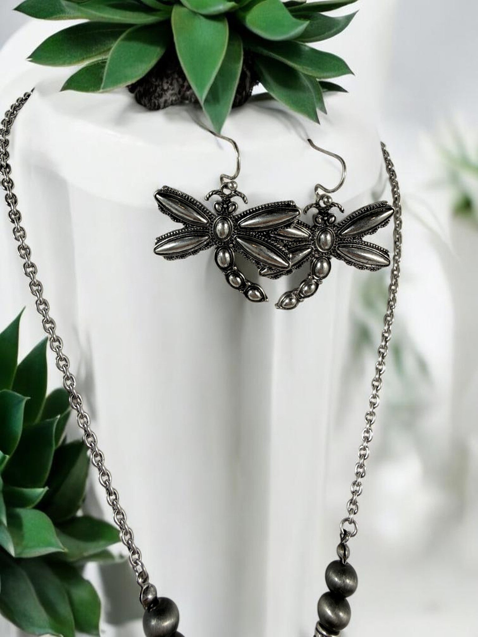 Dragonfly Necklace Earring Set Silver Tone Howlite Faux Turquoise Nature Gift