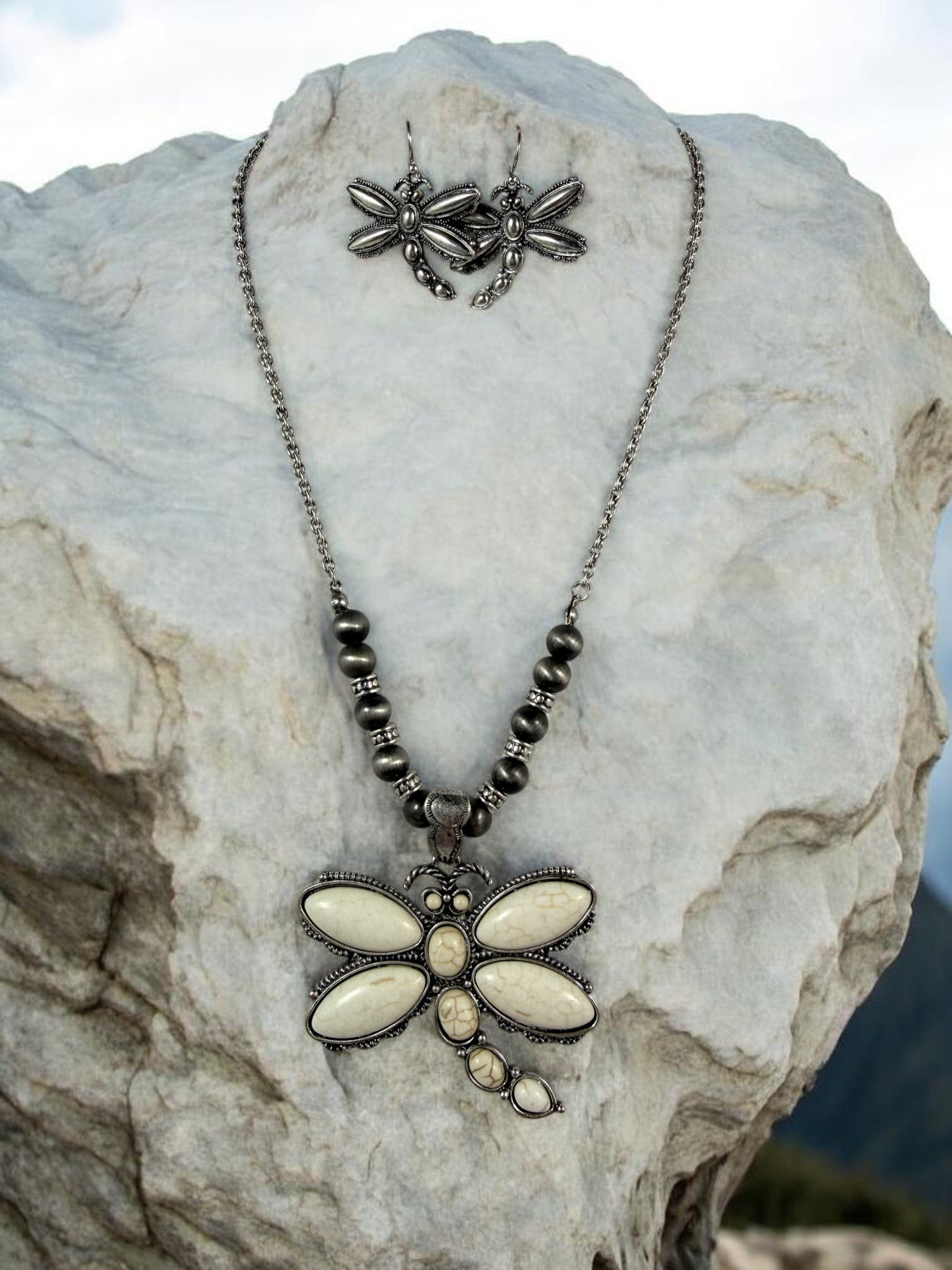 Dragonfly Necklace Earring Set Silver Tone Howlite Faux Turquoise Nature Gift