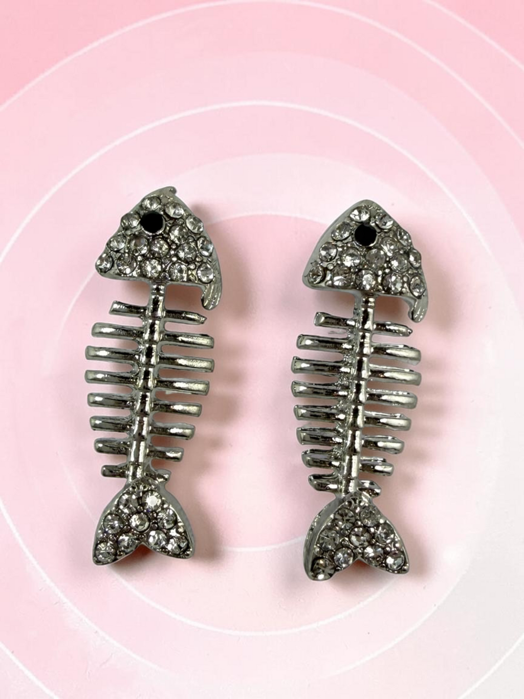 Fishbone Skeleton Fish Earrings Silver Crystal Rhinestone Gothic Post Stud Y2K - Skelapparel