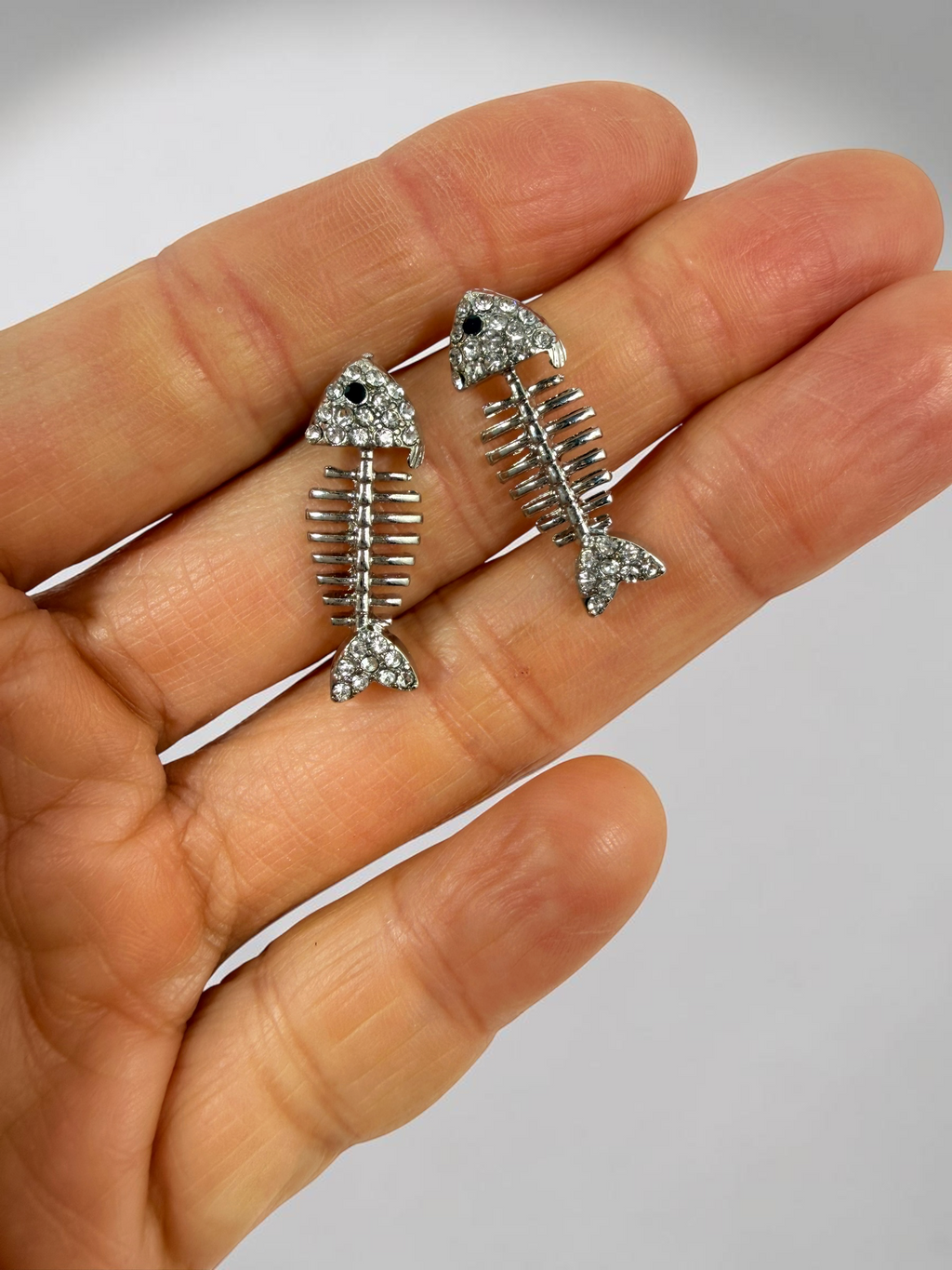 Fishbone Skeleton Fish Earrings Silver Crystal Rhinestone Gothic Post Stud Y2K - Skelapparel