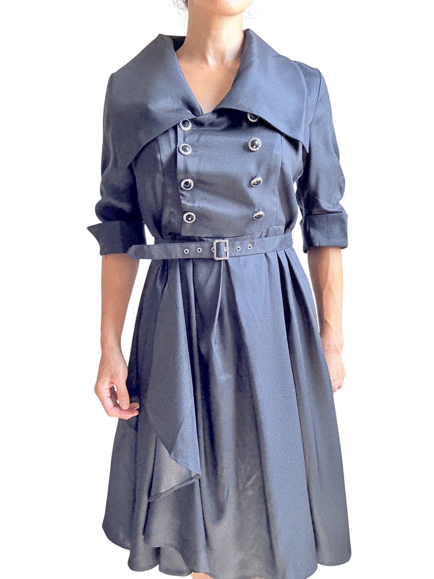 Gothic Steampunk Black Belted Military Style Swing Dress - Skelapparel