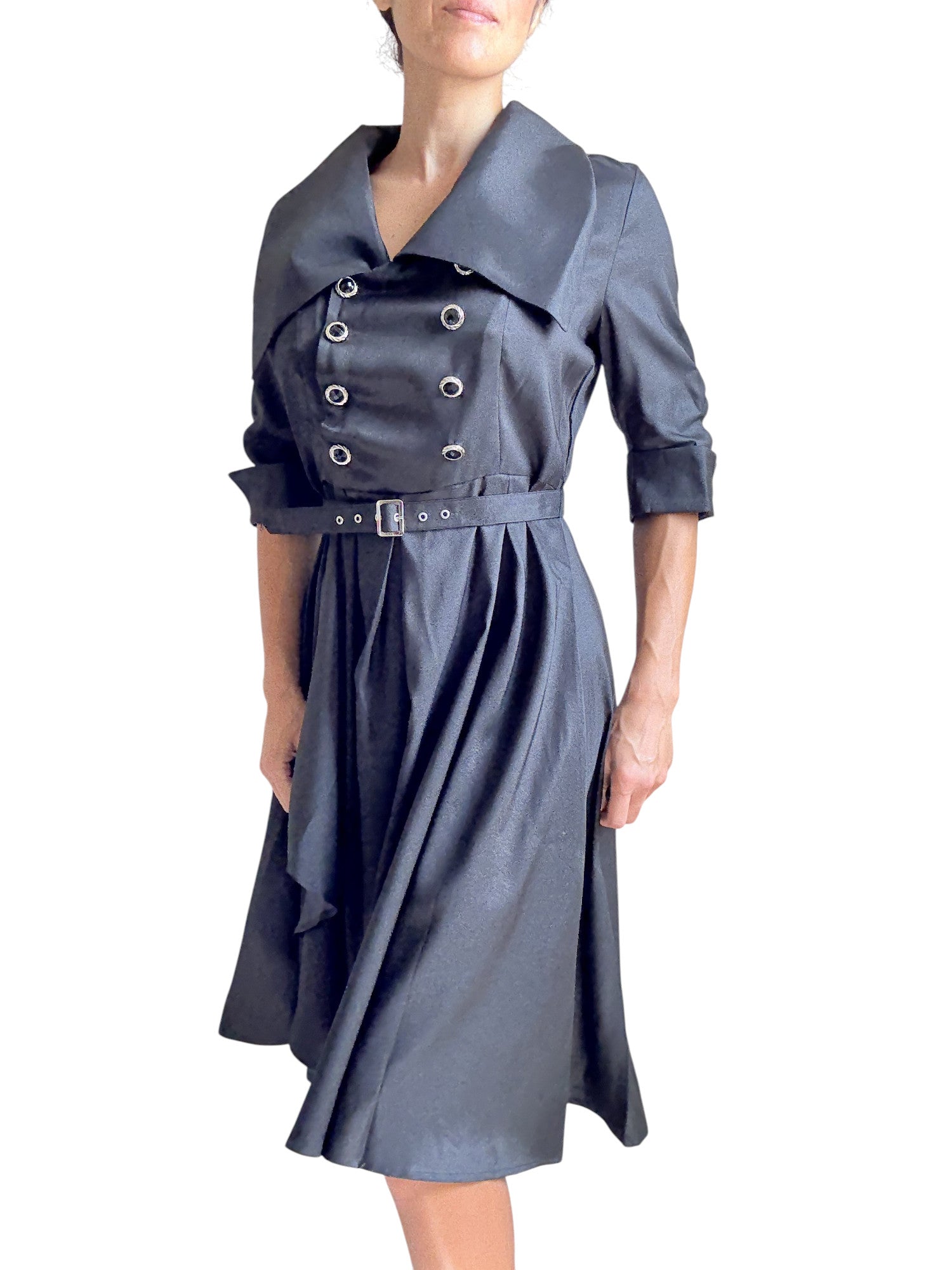 Gothic Steampunk Black Belted Military Style Swing Dress - Skelapparel