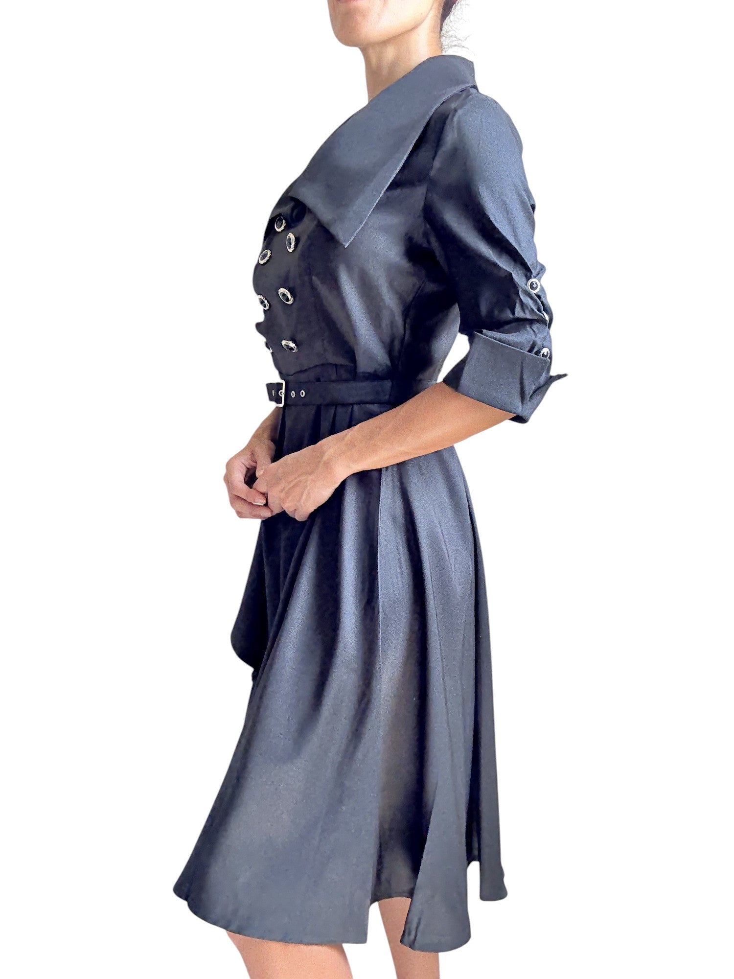 Gothic Steampunk Black Belted Military Style Swing Dress - Skelapparel
