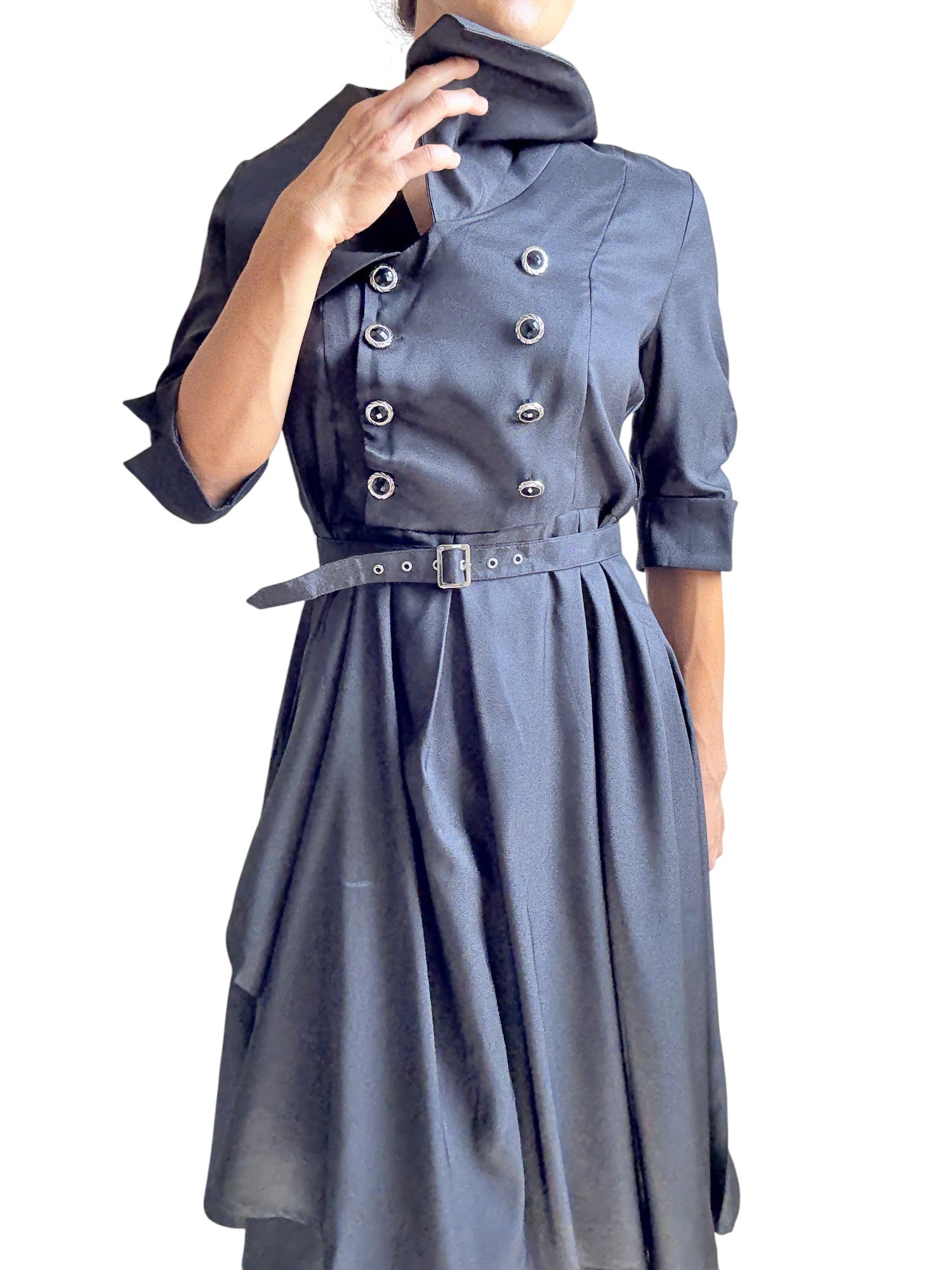 Gothic Steampunk Black Belted Military Style Swing Dress - Skelapparel