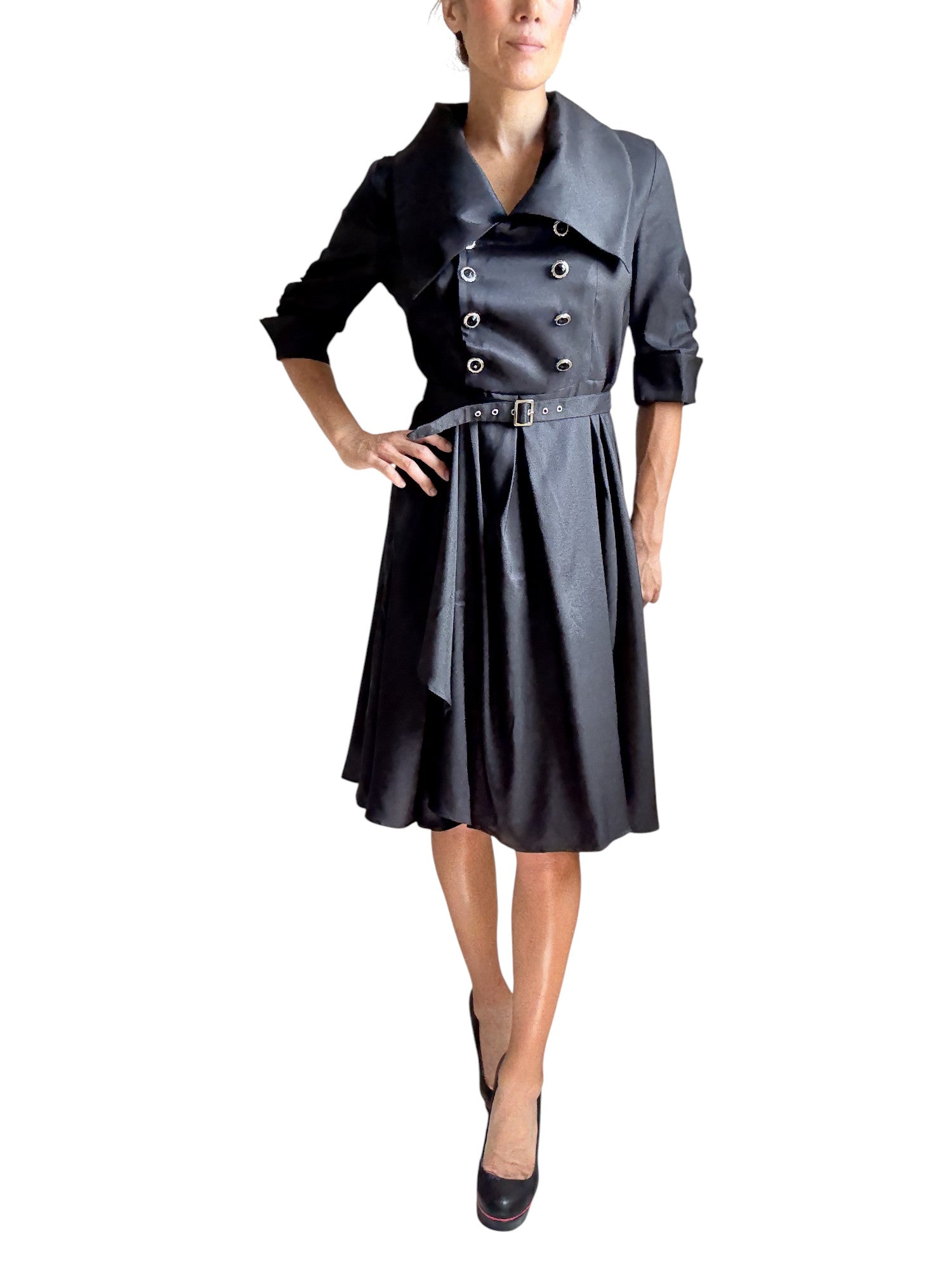 Gothic Steampunk Black Belted Military Style Swing Dress - Skelapparel