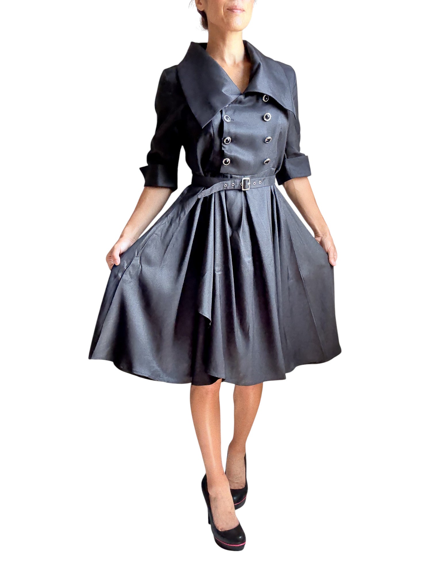 Gothic Steampunk Black Belted Military Style Swing Dress - Skelapparel