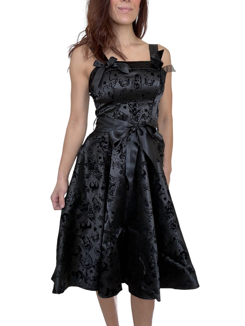 Hell Bunny 50s Black Satin Velvet Tattoo Art Flocked Cocktail Party Dress - Skelapparel