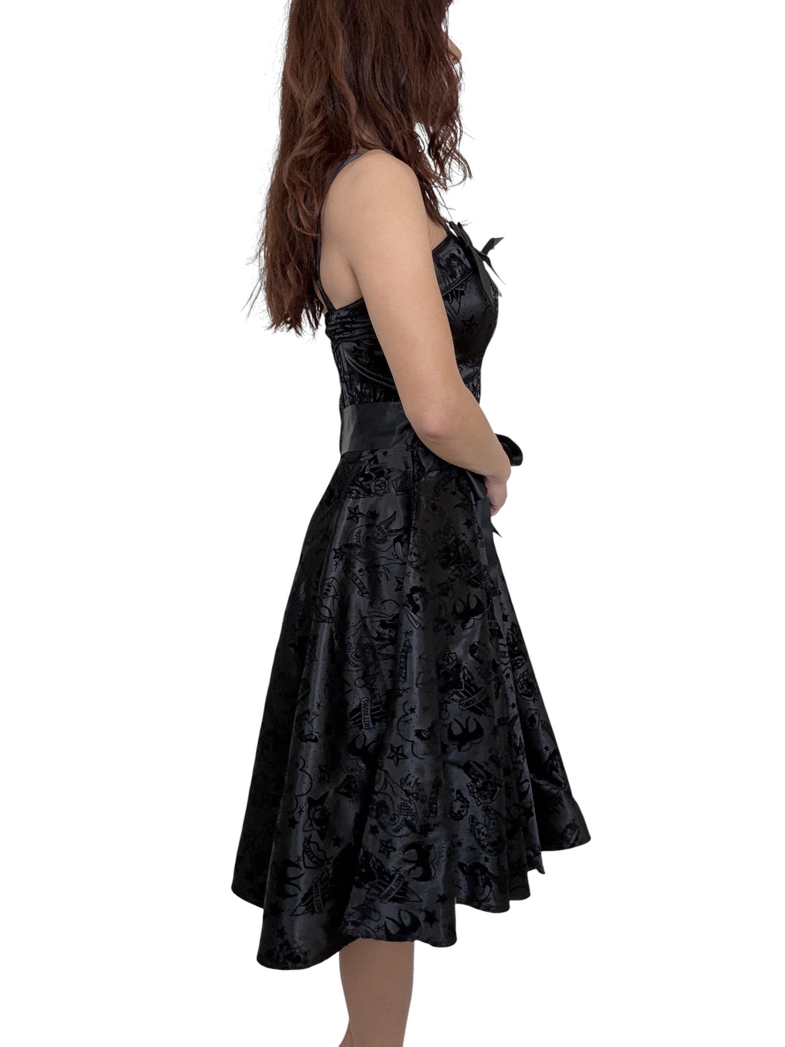 Hell Bunny 50s Black Satin Velvet Tattoo Art Flocked Cocktail Party Dr Skelapparel Hell Bunny 50s Black Satin Velvet Tattoo Art Flocked Cocktail Party Dr Skelapparel