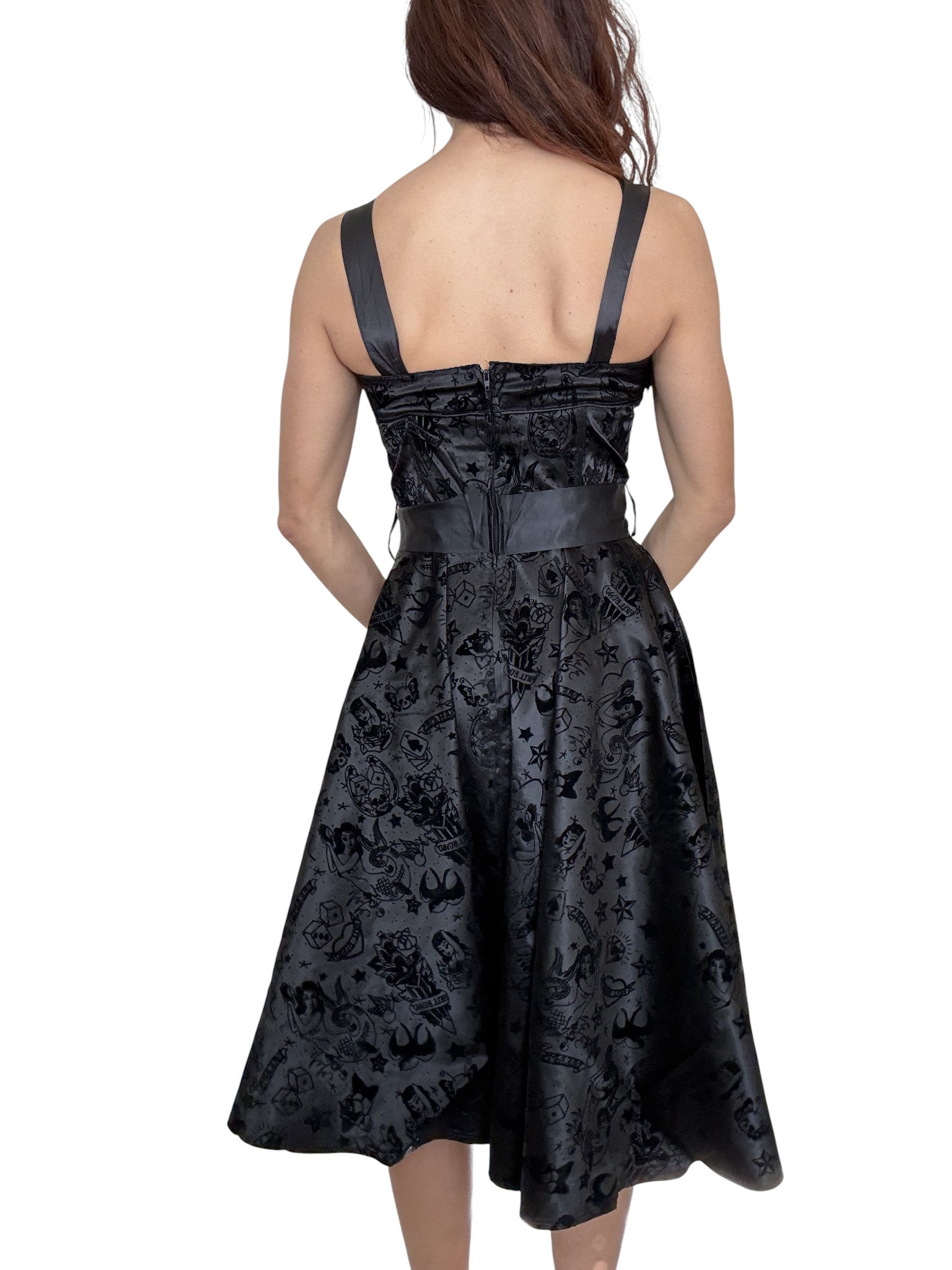 Hell Bunny 50s Black Satin Velvet Tattoo Art Flocked Cocktail Party Dress - Skelapparel