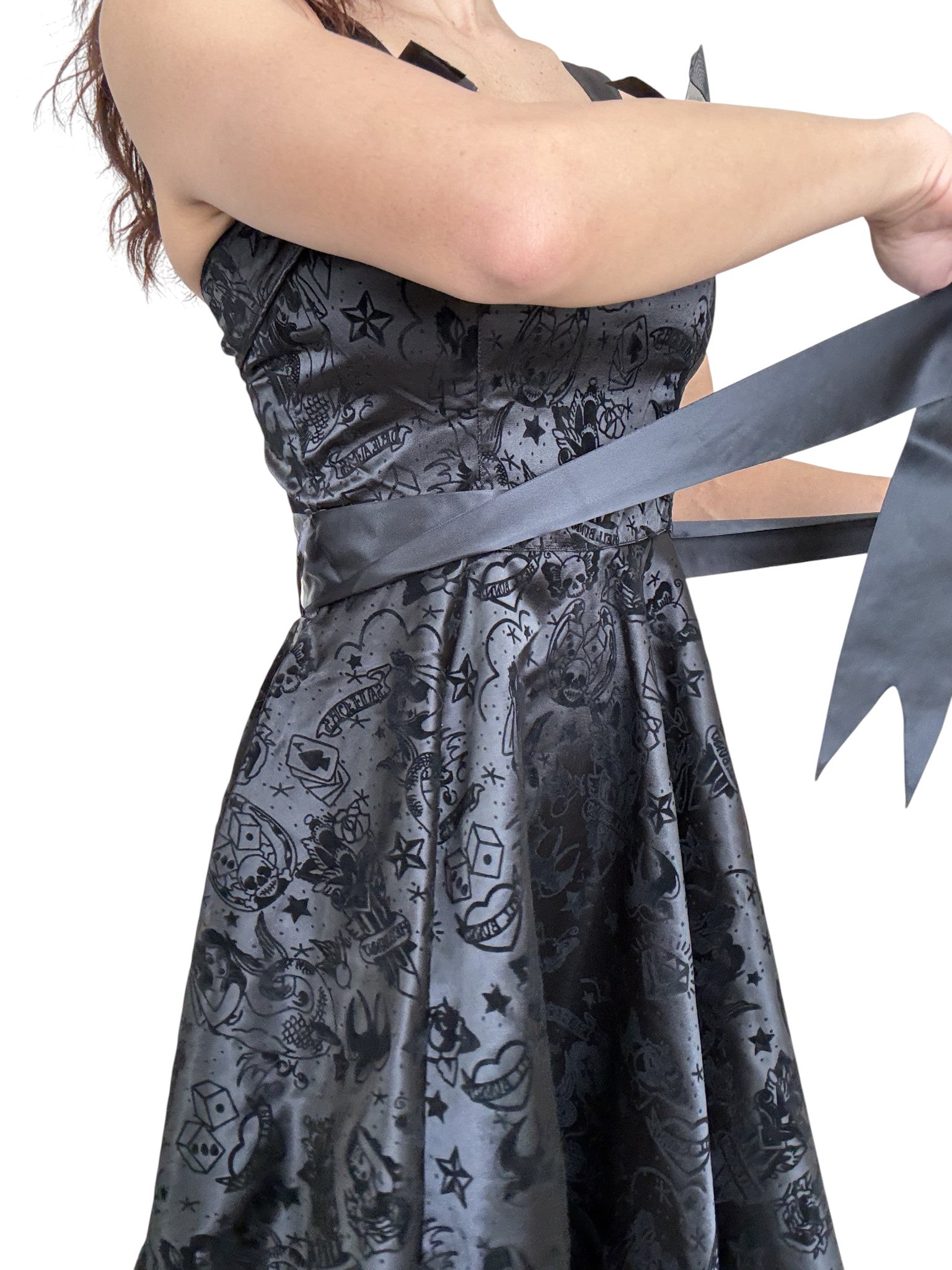 Hell Bunny 50s Black Satin Velvet Tattoo Art Flocked Cocktail Party Dress - Skelapparel