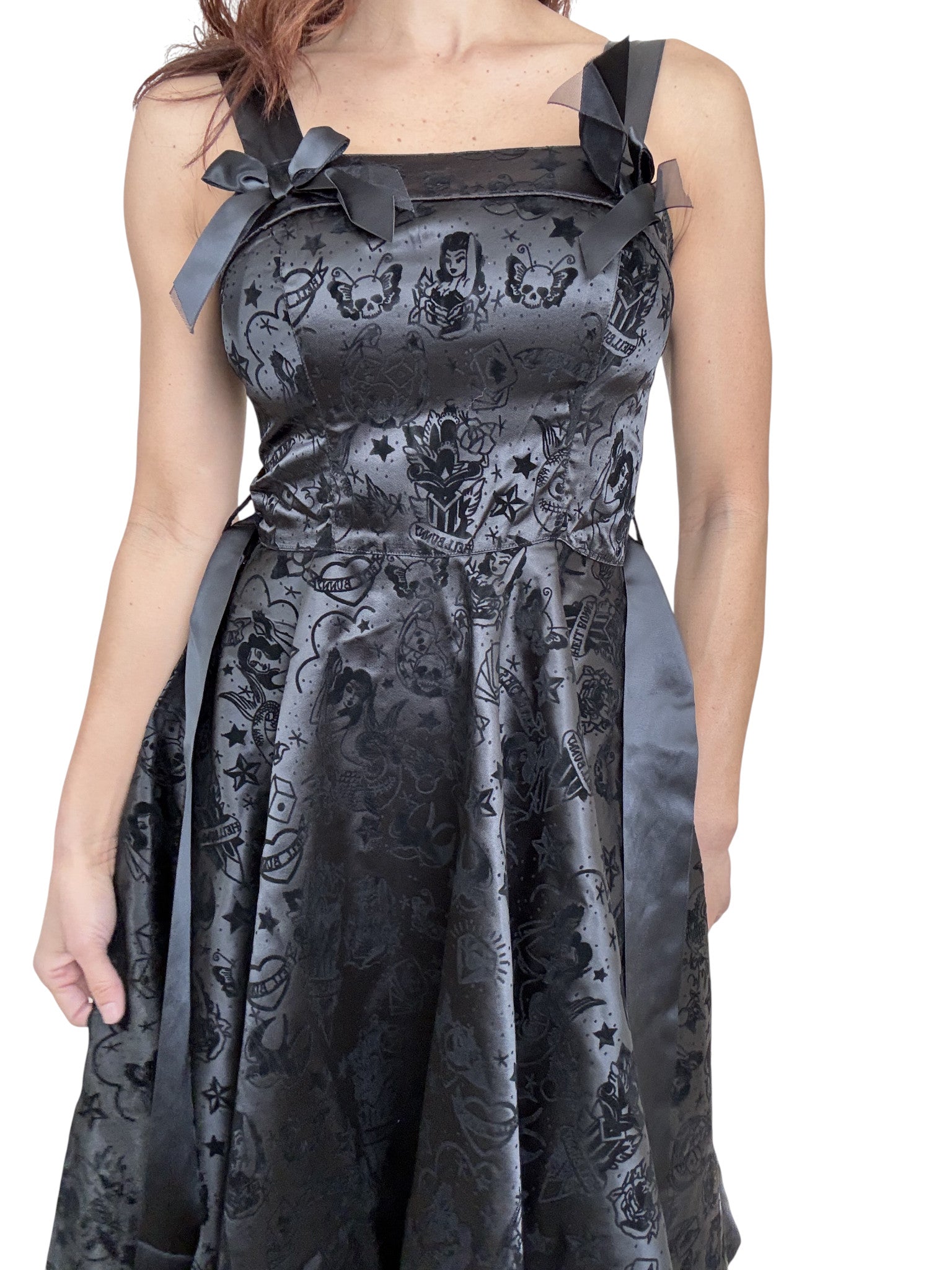 Hell Bunny 50s Black Satin Velvet Tattoo Art Flocked Cocktail Party Dress - Skelapparel