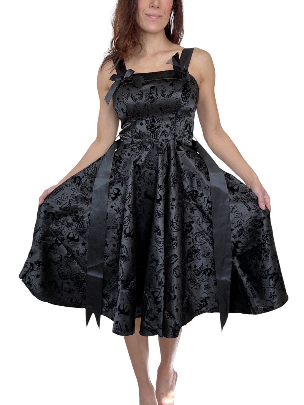 Hell Bunny 50s Black Satin Velvet Tattoo Art Flocked Cocktail Party Dress - Skelapparel