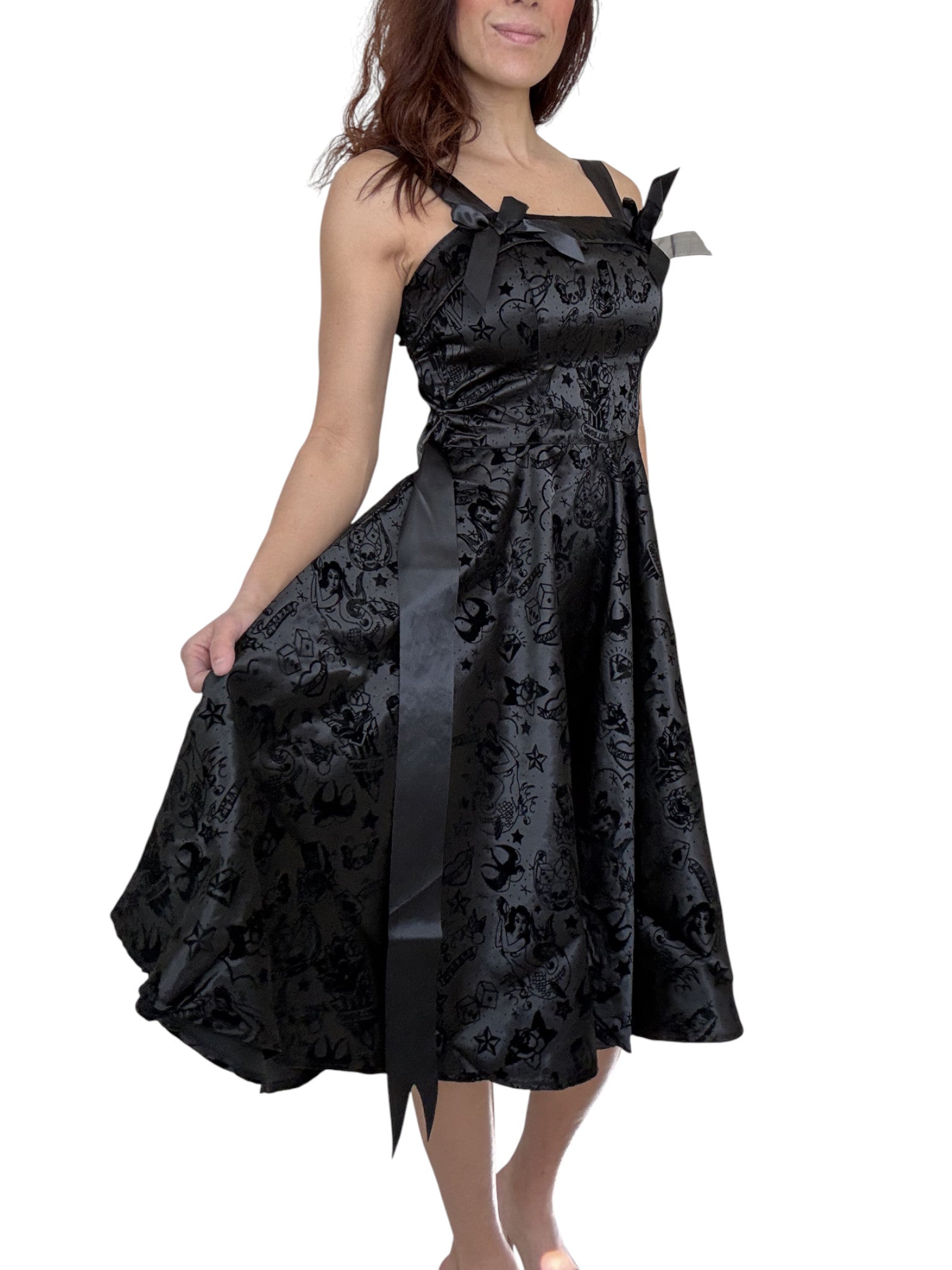 Hell Bunny 50s Black Satin Velvet Tattoo Art Flocked Cocktail Party Dress - Skelapparel