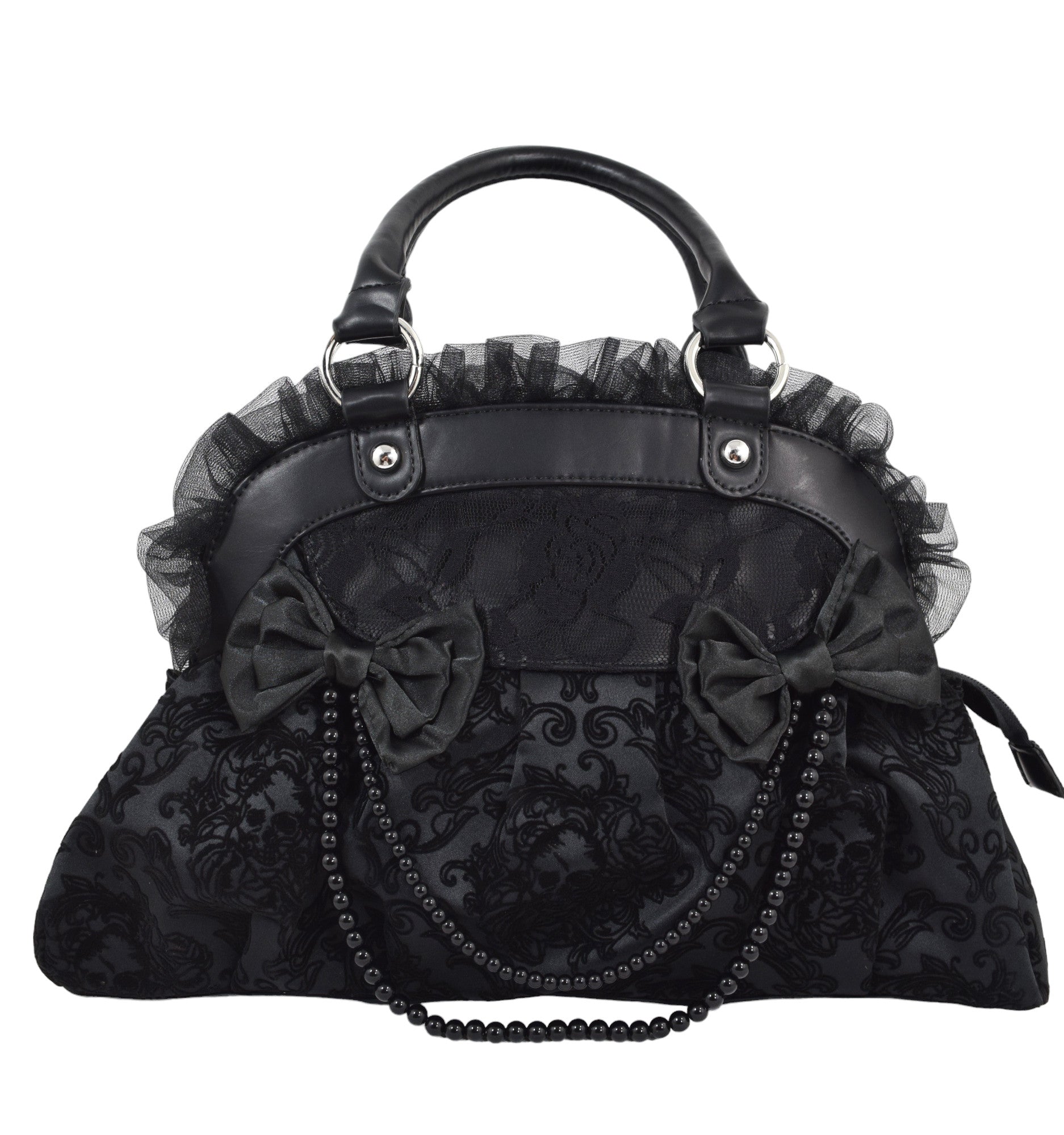 Dark Doll Gothic Lolita Flocked Skulls with Bows and Lace Bag Purse