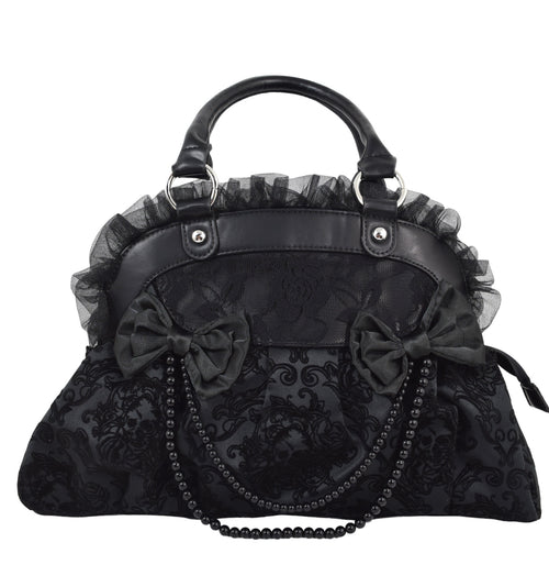 Dark Doll Gothic Lolita Flocked Skulls with Bows and Lace Bag Purse