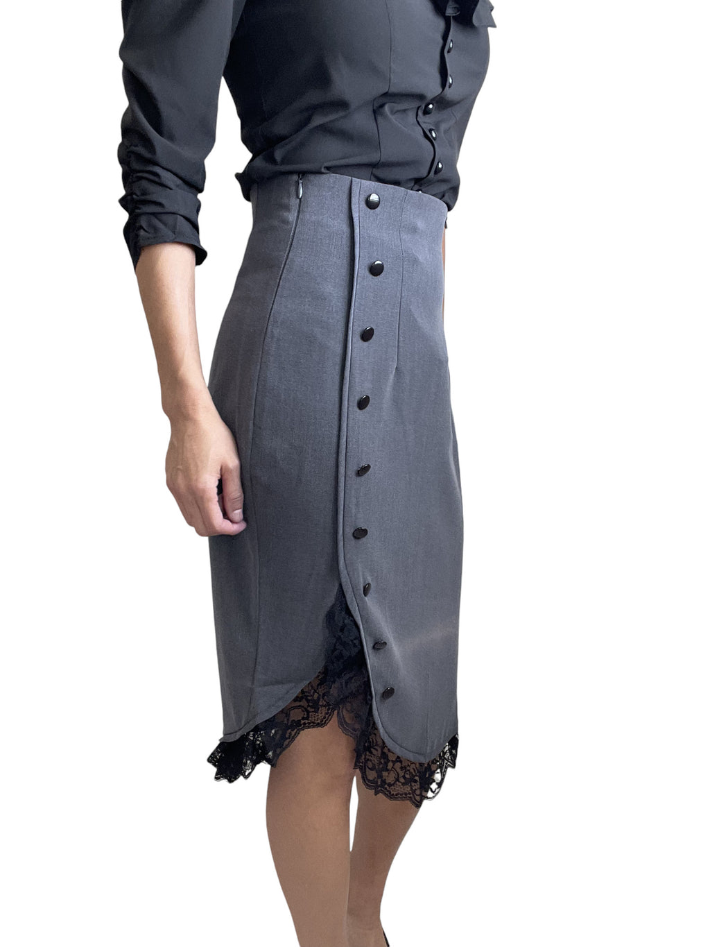 Women's 50s Vintage High waisted Lace Trim Gray Pencil Skirt - Skelapparel