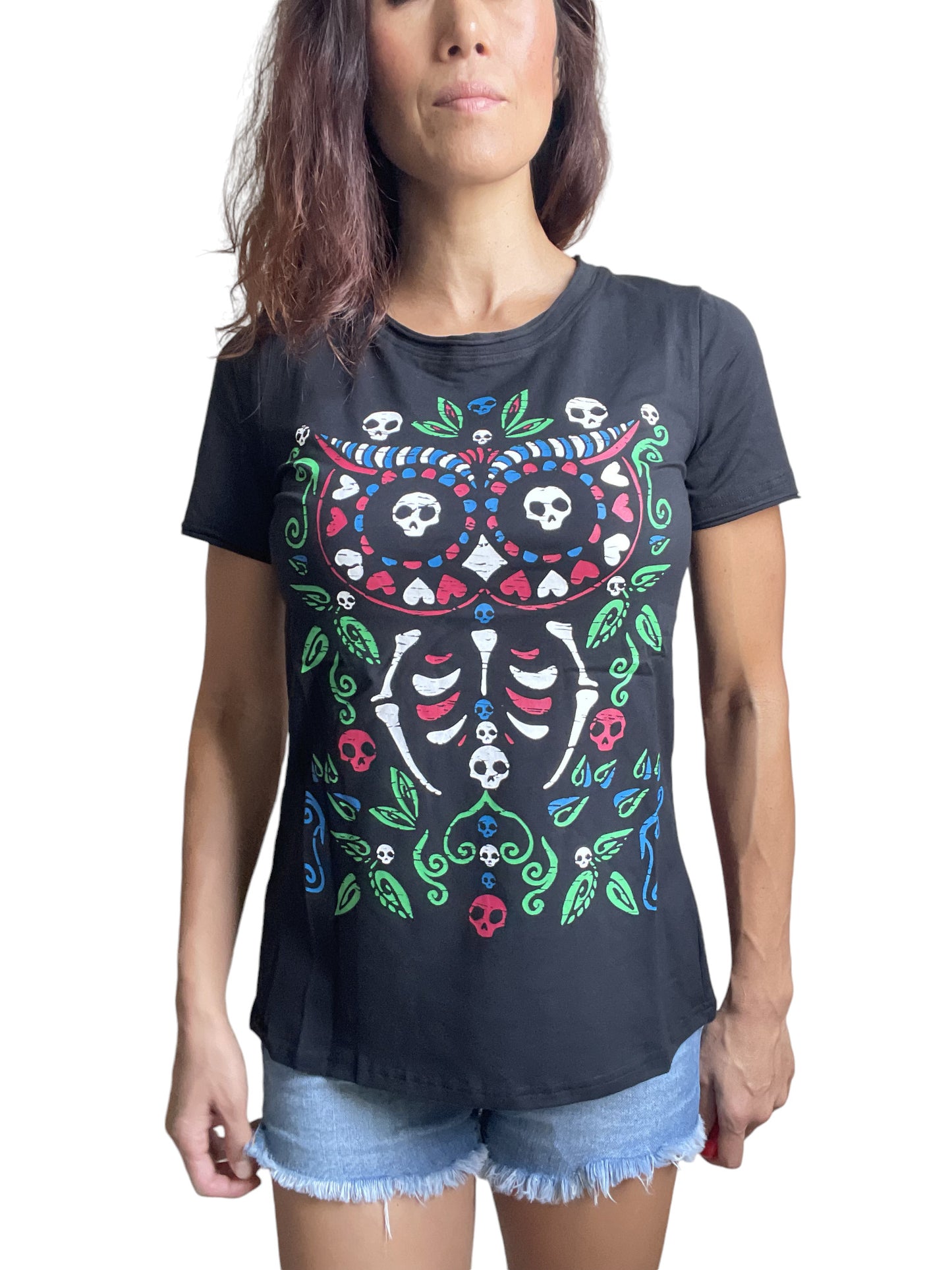 Day of the Dead Sugar Skull Owl Pink Polka Dot Lace & Bow back T-shirt