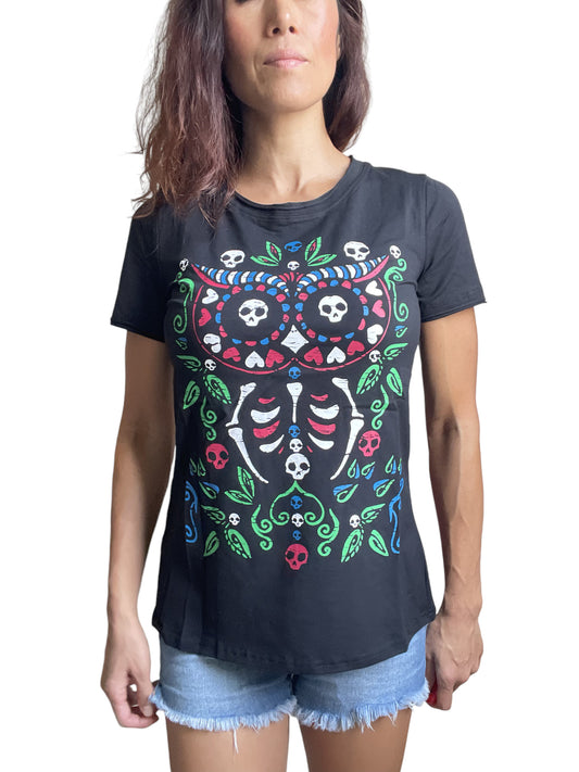 Day of the Dead Sugar Skull Owl Pink Polka Dot Lace & Bow back T-shirt