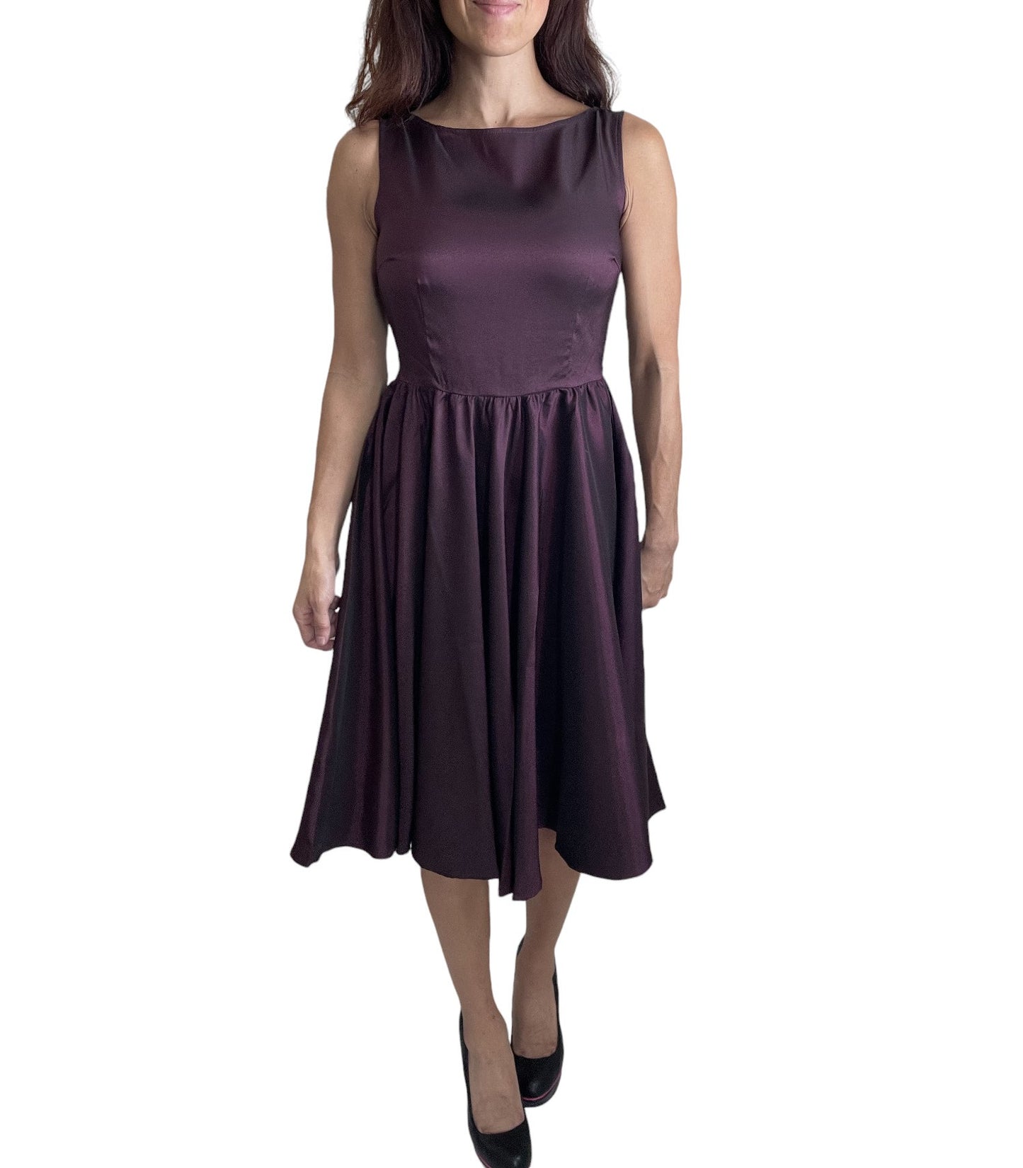 Vintage Purple Satin Flare Dress – Elegant Bateau Neckline, Sleeveless Swing Skirt with Waist Belt