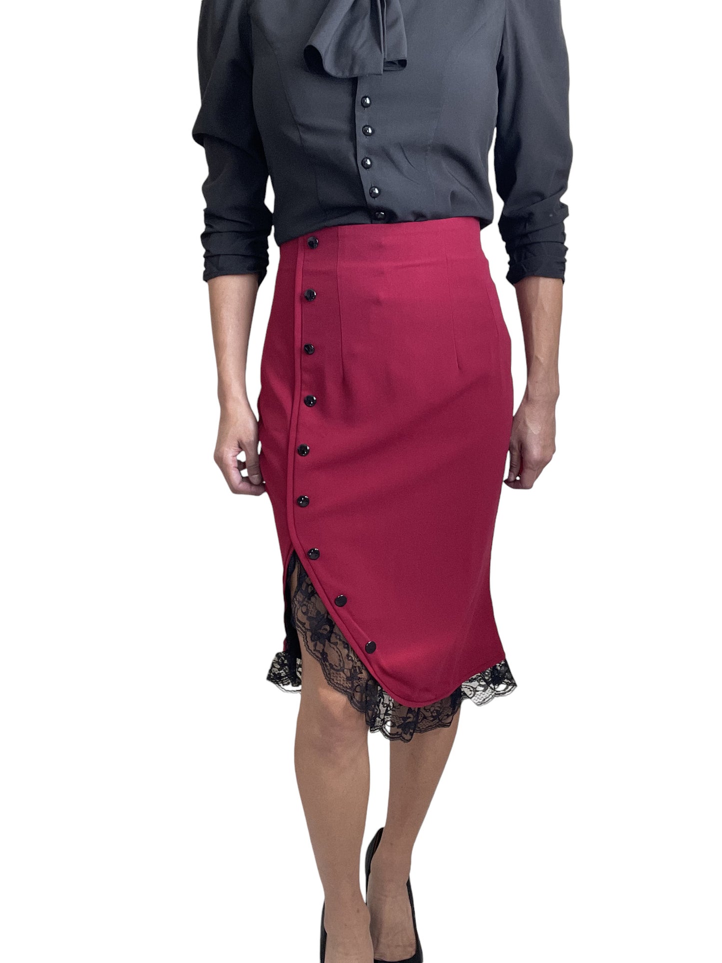 Women's 60's Red Vintage Lace Trim office Work high waisted Pencil Skirt