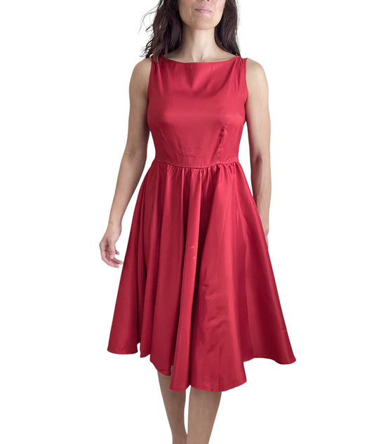 Vintage Red Satin Fit and Flare Dress with Bateau Neckline – High Waist, Cocktail, Bridesmaid, Plus Size
