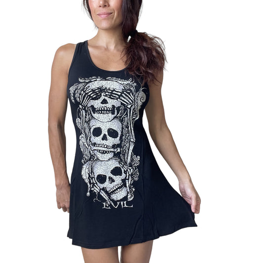 Gothic Three Wise Skulls See No Evil Black Slouchy Long Vest Tank Top