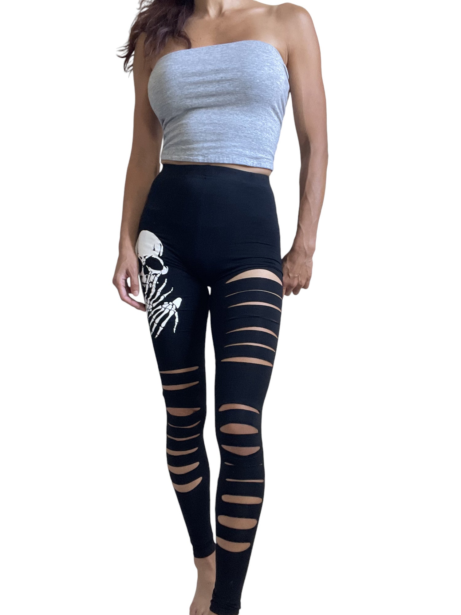 Halloween Spooky Gothic Grunge Skull and Hands Slashed Cutout Ripped Black Leggings XS