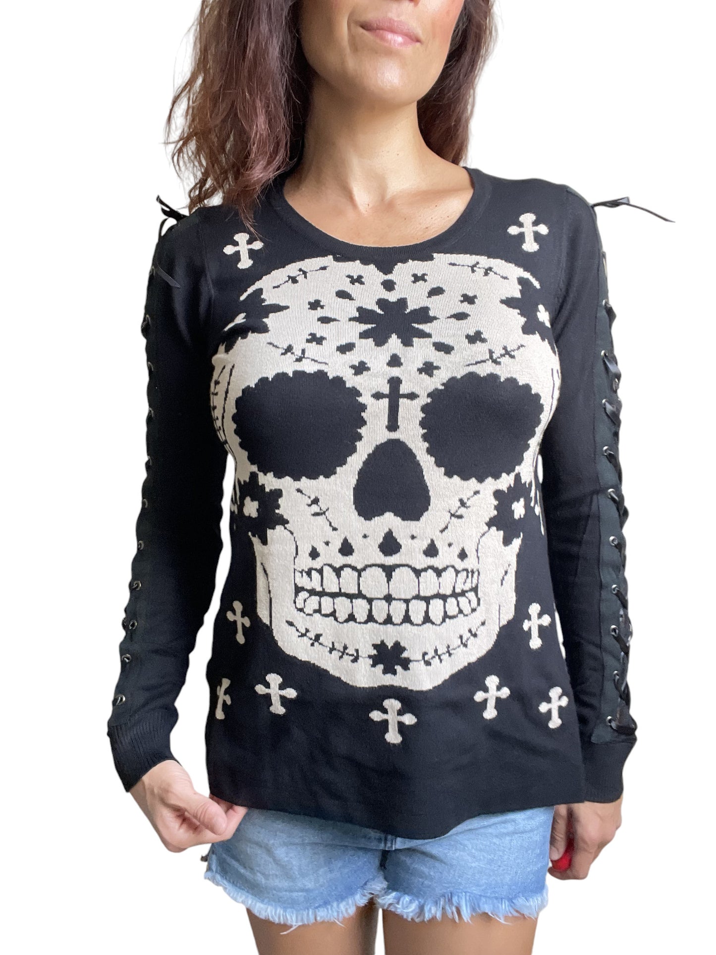 Mexican Sugar Skull & Cross Knit Sweater with Lace-up Corset Sleeves