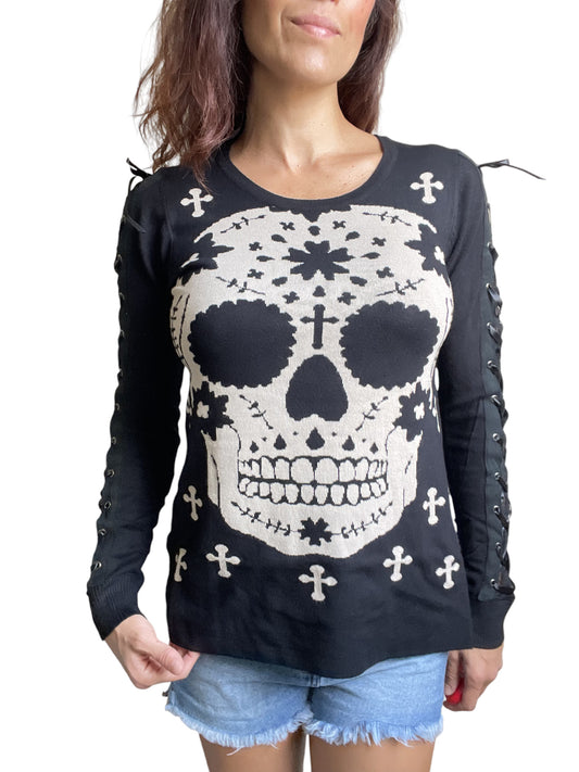 Mexican Sugar Skull & Cross Knit Sweater with Lace-up Corset Sleeves