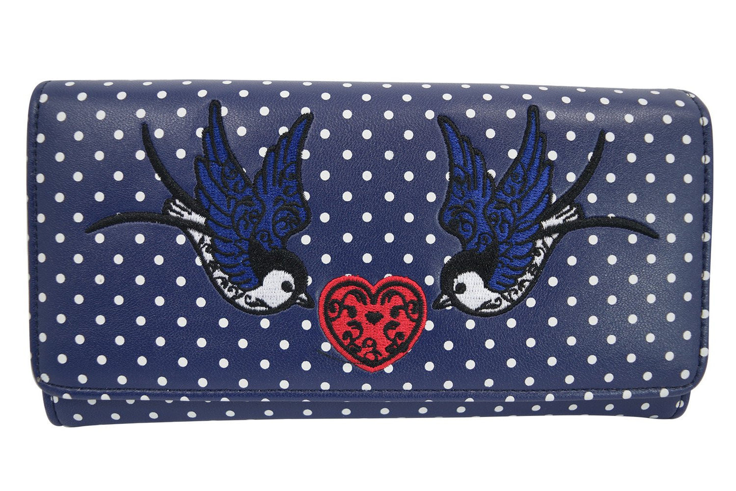 Lost Queen Swallow Bird Tattoo & Heart Polka Dot embroidery Bi-fold Wallet - Skelapparel