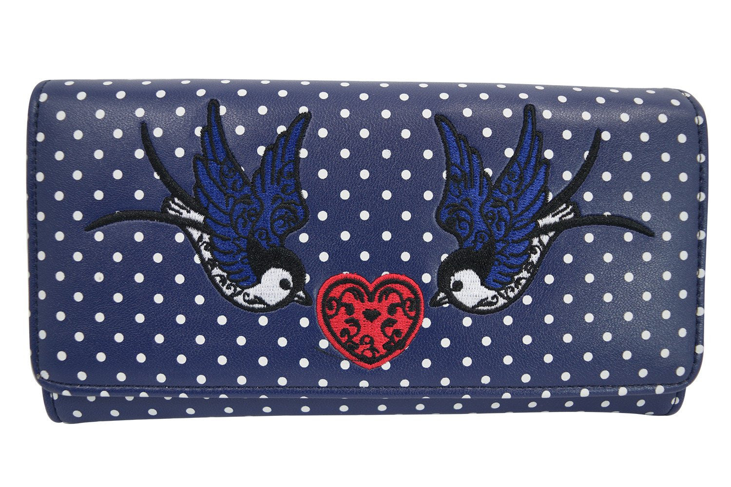 Lost Queen Swallow Bird Tattoo & Heart Polka Dot embroidery Bi-fold Wallet - Skelapparel
