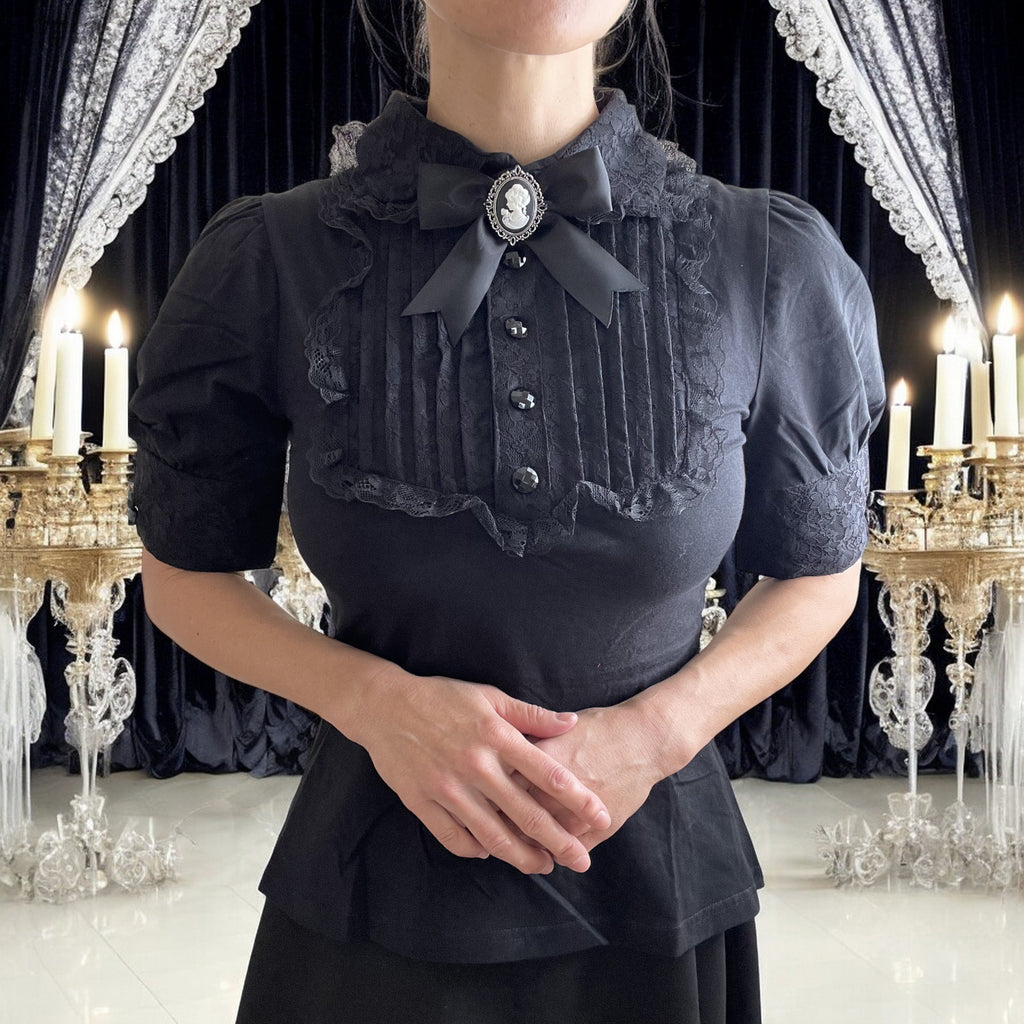 Gothic  Victorian Steampunk Black Lace Insert Top with Cameo Brooch - Skelapparel