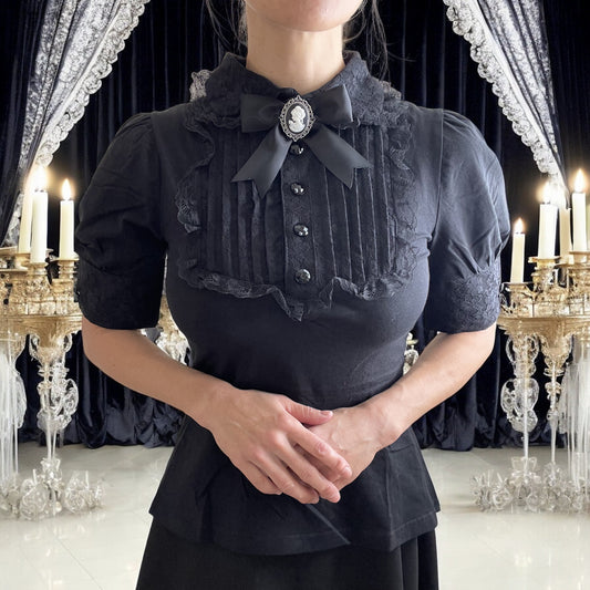Gothic  Victorian Steampunk Black Lace Insert Top with Cameo Brooch