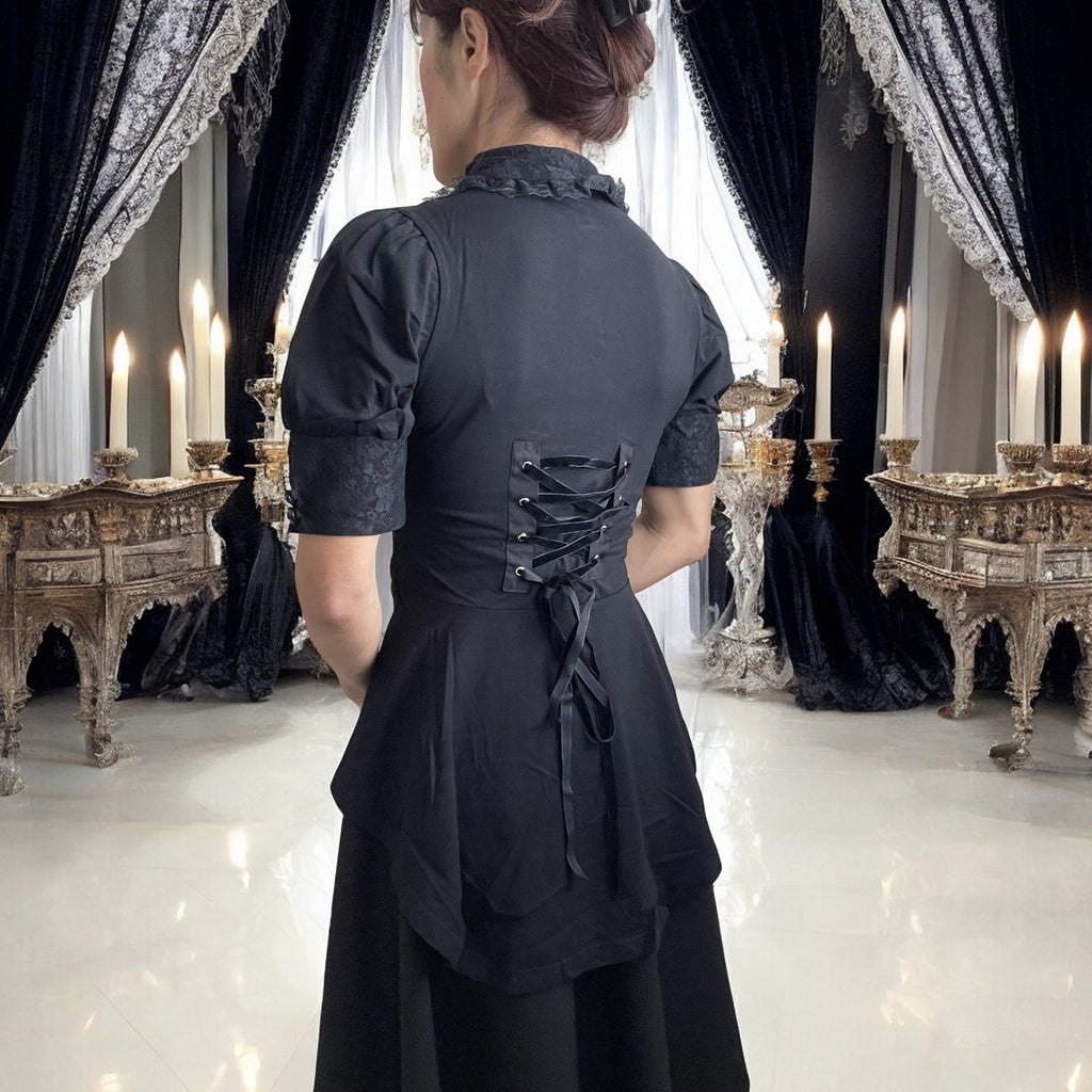 Gothic  Victorian Steampunk Black Lace Insert Top with Cameo Brooch - Skelapparel