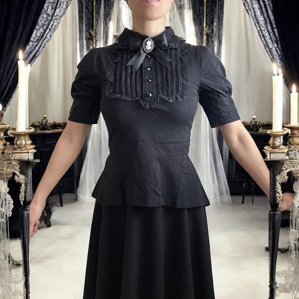 Gothic  Victorian Steampunk Black Lace Insert Top with Cameo Brooch - Skelapparel