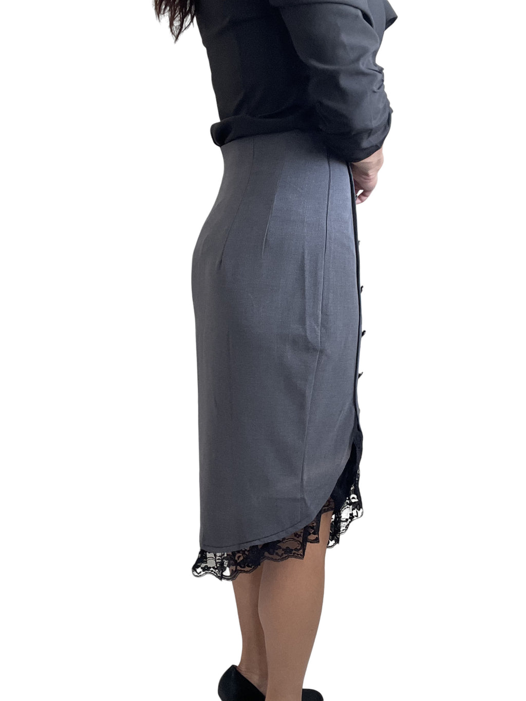 Women's 50s Vintage High waisted Lace Trim Gray Pencil Skirt - Skelapparel