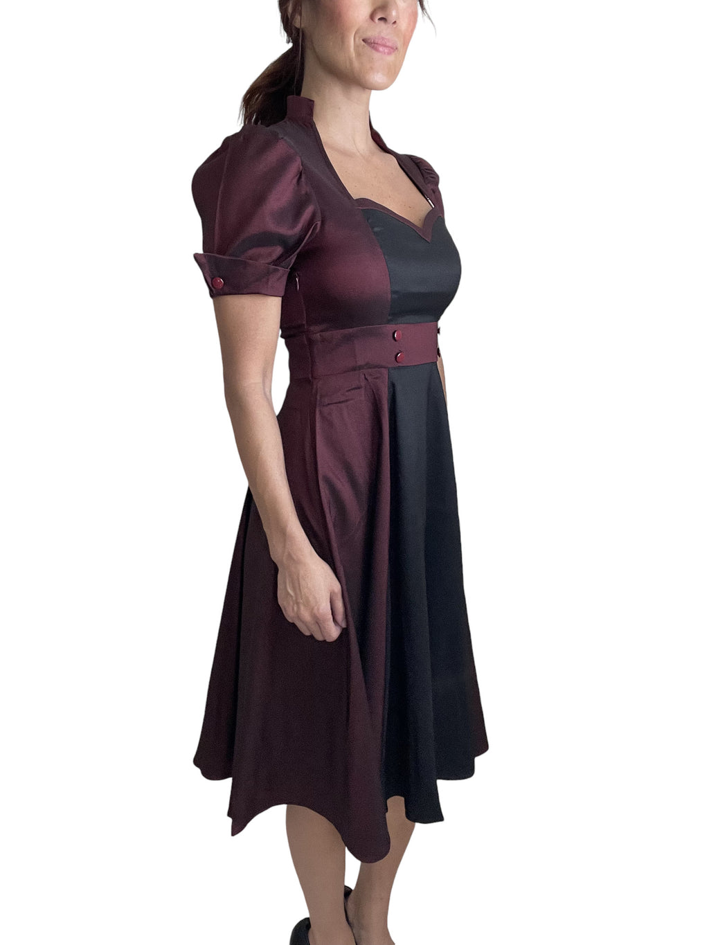 Vintage inspired Queen of Hearts Two Tone Burgundy and Black Satin Dress - Skelapparel