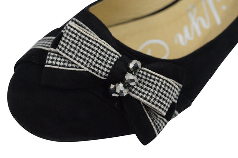 Retro Pinup little Bow and Dazzling Beads Accent Black Suede Ballet Fl ...