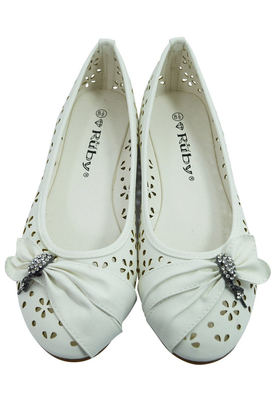 Accessories Women's Dress White Faux Leather Floral Cutout Round Toe Ballet Flats Shoes with bow