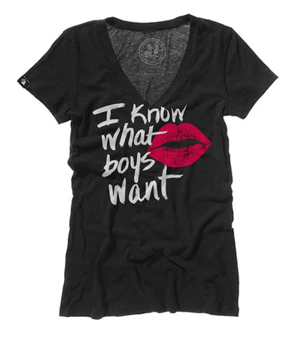 Tops Naughty Girl Tee - I know what boys want Red Lips V Neck Black Tee