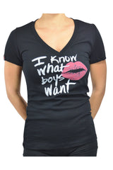 Tops Naughty Girl Tee - I know what boys want Red Lips V Neck Black Tee