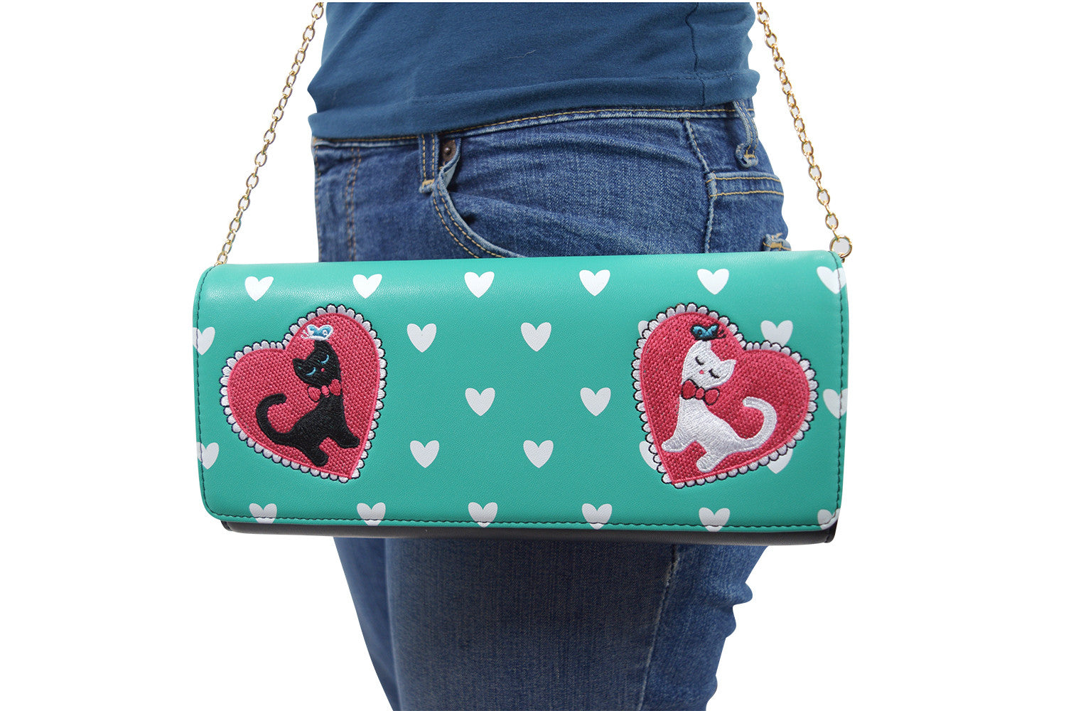 Accessories Mint green 60's Retro Kitty Love Large Mint Green Clutch Wallet Crossbody Purse