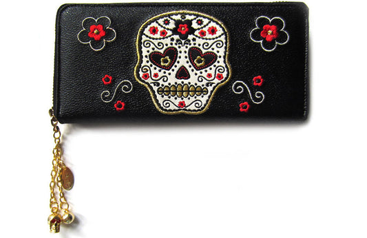 Accessories Black Day of the Dead Flower Sugar Skull Embroidered Zip Around Wallet