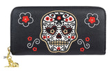 Accessories Black Day of the Dead Flower Sugar Skull Embroidered Zip Around Wallet