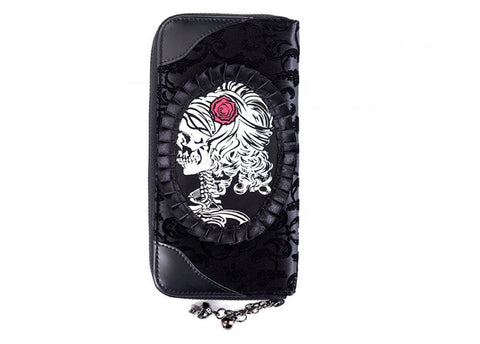 Accessories Black Flocked Cameo Skull Lady Rose Gothic Zip Around Black Wallet