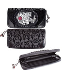 Accessories Black Flocked Cameo Skull Lady Rose Gothic Zip Around Black Wallet