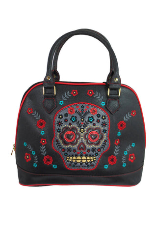 Accessories Black Flower Sugar Skull Bowling Shoulder Bag Black Faux Leather Tattoo Rockabilly