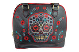 Accessories Black Flower Sugar Skull Bowling Shoulder Bag Black Faux Leather Tattoo Rockabilly