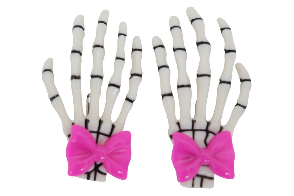 Accessories White/hot.pink Goth Loli Spooky Cute Skeleton Hands with Hot pink bow Hair Clip - set of 2